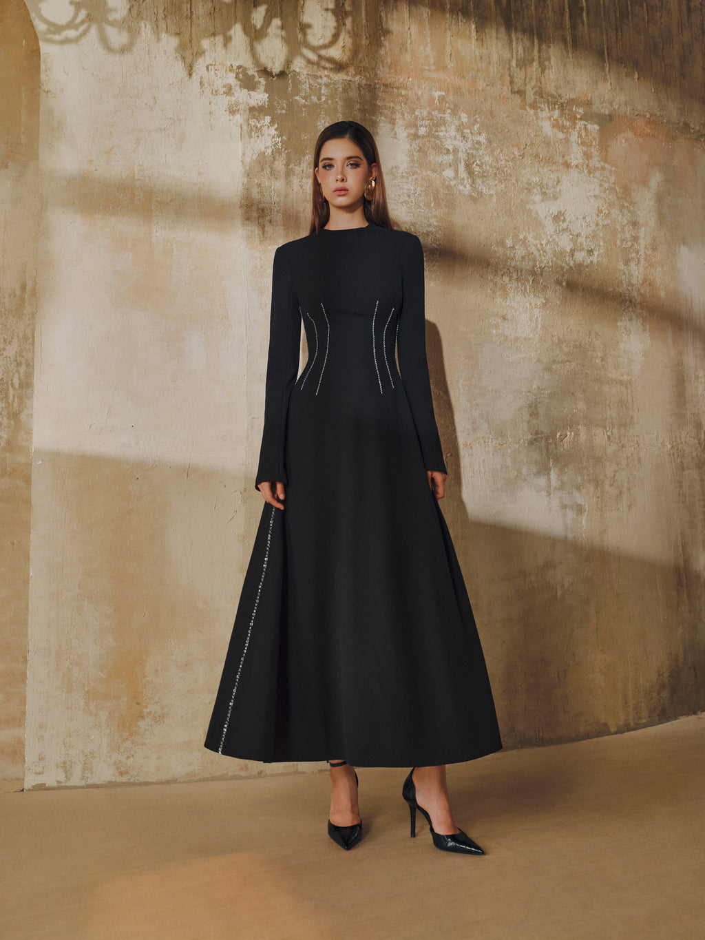 flared long sleeve dress Nur Long Sleeve Flared Maxi Dress with Scarf in Leopard 1XL